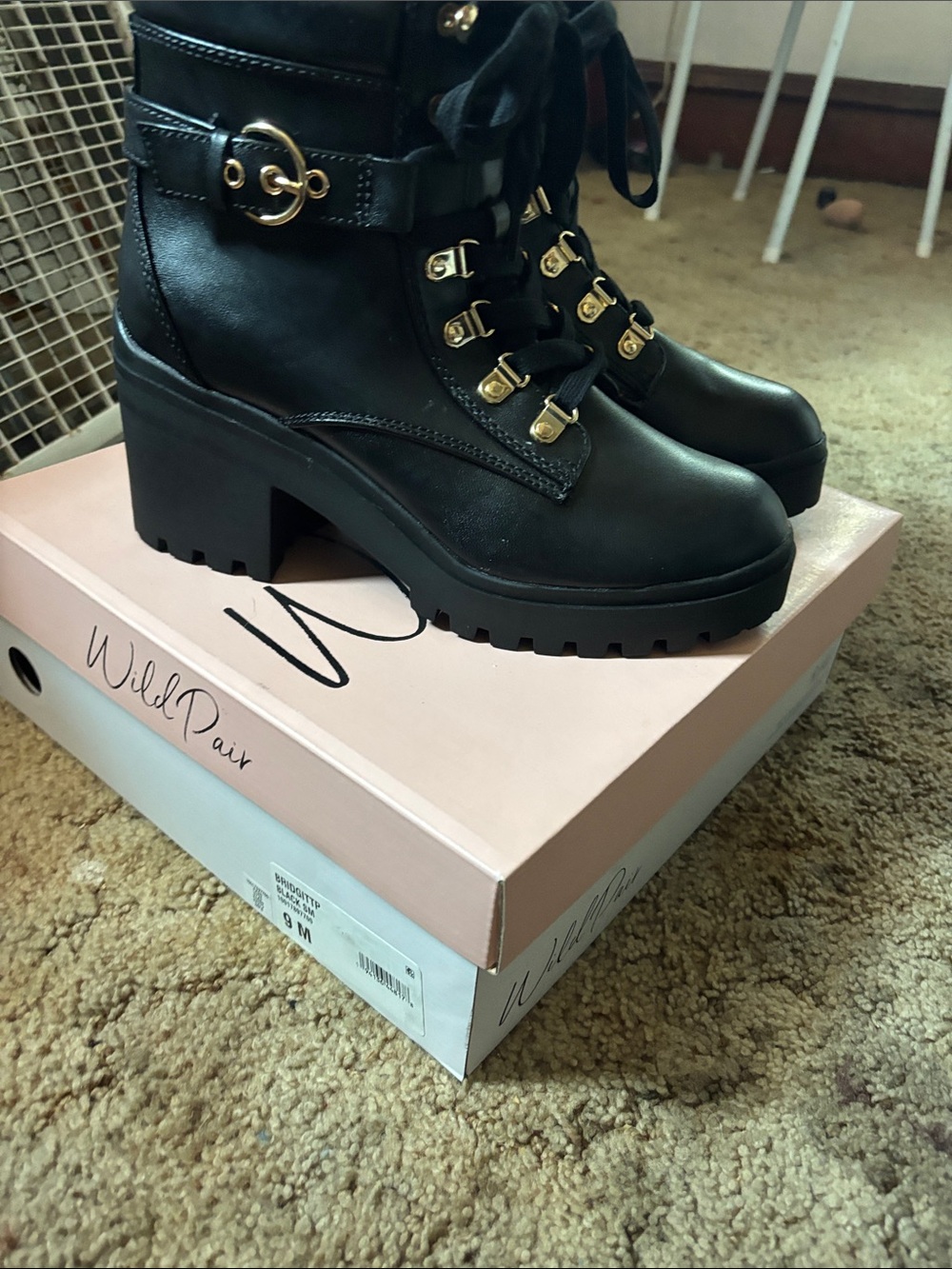 Wild Pair Black Lace-Up Lug Heel Boots with Gold Accents